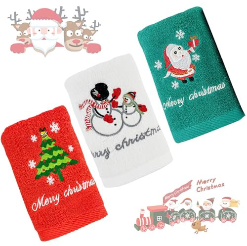 Cosiesnest Weihnachten Handtücher, 3 Stück Waschlappen aus Reiner Baumwolle Handtücher Schneemann Weihnachtsmann Weihnachtsbaum Muster Design Badetuch für Xmas Holiday Party Home Dekoration