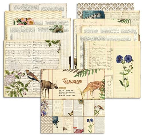 Scrapbook Papier Vintage Decoupage Papier Block, 30,5x30,5 cm Einseitiges Scrapbooking Papier Dekorpapier, 12 Muster 24 Blatt Scrapbook Bastelpapier für Journal Scrapbooking, DIY Kartenherstellung