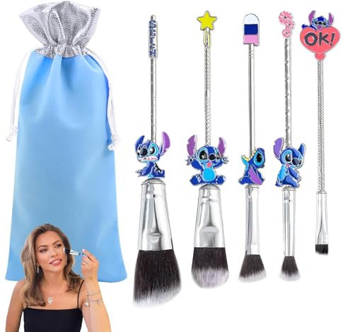 5Pcs Stch Make Up Pinsel Foundation Lidschatten Lippen Rouge Blau Cartoon Make-up-Pinsel-Set Das beste Geschenk für junge Mädchen und Frauen