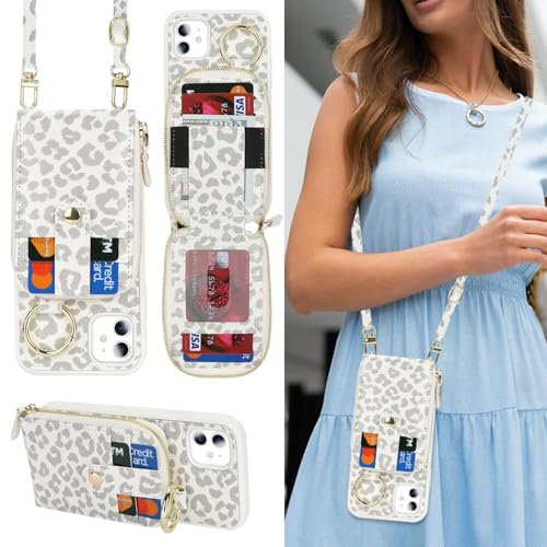 SailorTech iPhone 11 Case Ring Stand with Card Holder for Women, iPhone 11 Leather Case Wallet Crossbody with Kickstand Credit Card Zipper Case for iPhone 11-White Leopard