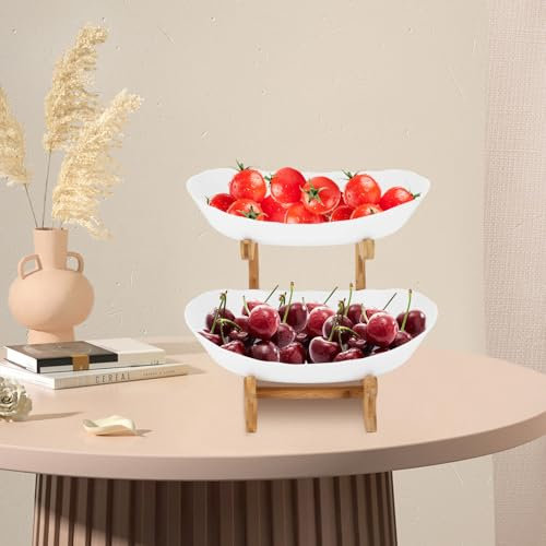 Saladier de service à 2 étages - Universel - Avec support pour collations à dessert, fruits, anniversaire, fête, légumes, fruits - Blanc