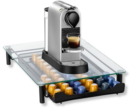 OWIJI Portacapsule Vetro Temperato Removibile Cassetto Scomparti 60 Capsule Caffè Dimensioni 40,5 x 7 x 31 cm Salvaspazio Antiscivolo Elegante Casa Ufficio