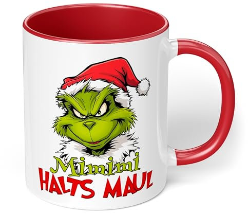 Lustige Kaffeetasse „Mimimi Halts Maul“ – witzige Grinch Figur Geschenkidee für Weihnachten - lustige Tasse - Keramik, ca. 330ml, Rot