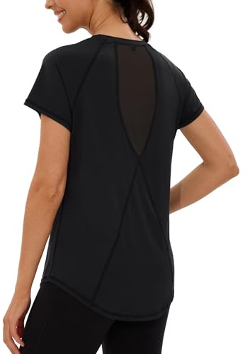 Terecey Funktionsshirt Damen Kurzarm Sportshirt Laufen Schnell trocknend Rundhals Yoga Sport Oberteil Atmungsaktiv Locker Sport T-Shirt Laufshirt mit Back Mesh Athletisch Kurzarmshirt, Schwarz XXL
