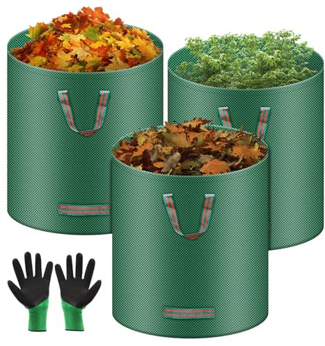 Tapvai 3X 272L Sacs de Jardin Indéchirables, Gants Inclus, Sac Jardinage Déchets, Autoportant, Big Bag Avec Poignées, Étanche, Pliable Et Réutilisable, Sac Végétaux Jardin