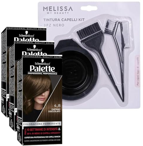 KIT TINTA CAPELLI: 3x Tinta Palette Colorazione Permanente, Crema Colorante Professionale, Copertura Capelli Bianchi, Sistema Anti-danni + Set Tinta Capelli da 3pz (4-8 Castano Cioccolato)