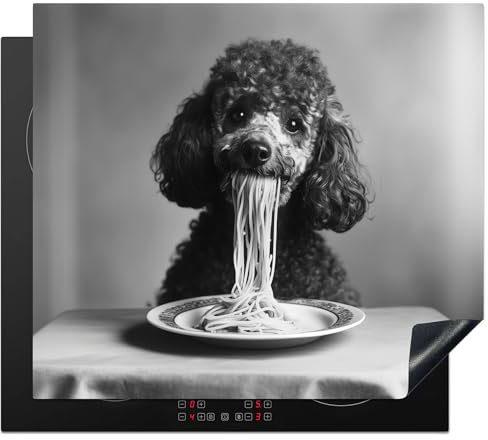 KitchenYeah© Herdabdeckplatte 59x52 cm Einteilig Küche Herdabdeckung Induktionsfeld Ceranfeld Herdabdeckplatten Vinyl Matte Aufrollbar Pudel - Hund - Schwarz - Weiß - Niedlich - Nudeln