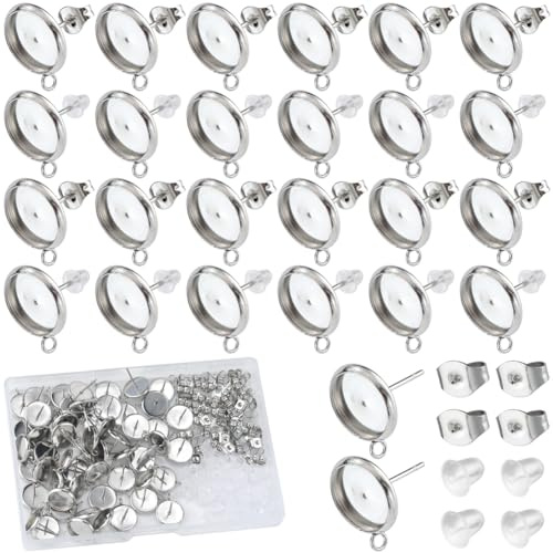 SOFPLATE 1 Box 180 Stück 10mm Ohrstecker Rohlinge Ohrstecker Set Edelstahl Silberfarbene Lünettenbecher Ohrstecker Mit Ohrmutter Ohrringverschlüsse Beschläge Für Die Schmuckherstellung Zubehör Kunsth