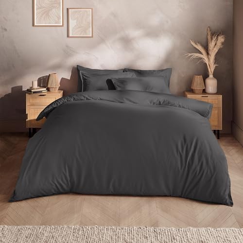 Silentnight Washed Cotton Rich Duvet Set - Soft & Comfortable Touch - Luxurious Oxford Edge Border with Button Fastening - Modern Linen-Look Quilt Cover + Pillowcase Bed Set, Single, Grey Charcoal