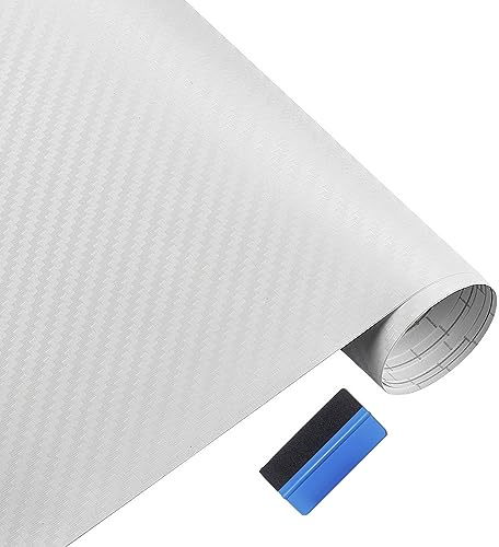 NewL 3D Carbon Fiber Self Adhesive Car Vinyl Wrap Film White 30cm x 300cm | 3D Carbon Fiber Textured, Repositionable adhesive, Air Release Channels, Support DIY cutting, Suitable for auto, computers
