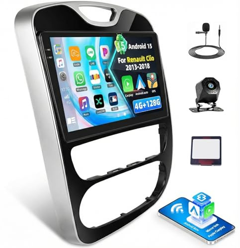 4+128G Android 15 Radio Coche Bluetooth para Renault Clio 2013-2018, 10 Incell Pantalla Coche Tacile Radio con Carplay Android Auto inalámbricos, 2 USB WiFi GPS FM/RDS SWC Cámara de Marcha & Mic