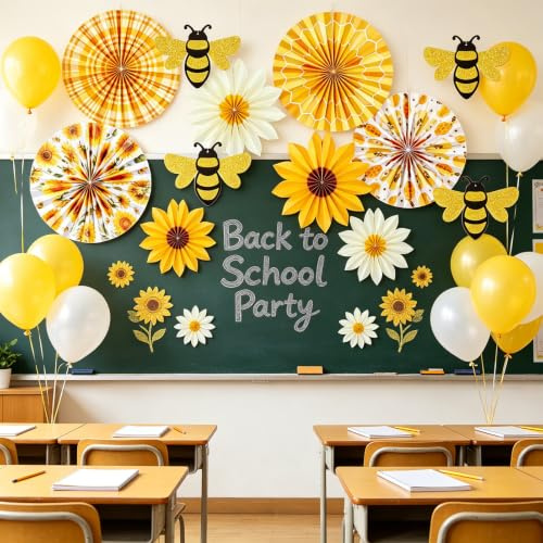 SUNBEAUTY 12Pcs Sunflower Birthday Party Decorations Paper Fan with Bees | Yellow White Sun Flower Wall Hanging Decorations for Baby Shower Summer Garden Party Classroom Bulletin Board Decoration