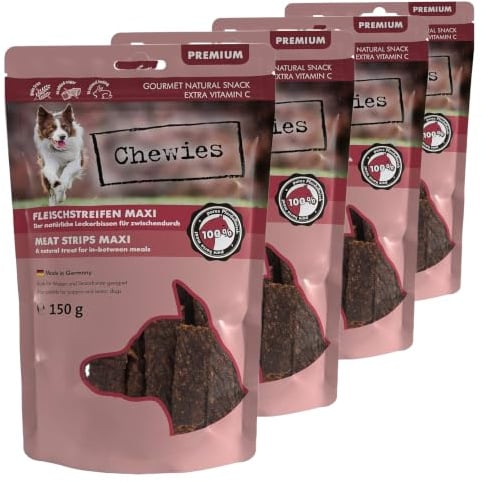 Chewies Fleischstreifen Maxi Hundeleckerli aus 100% Pferdefleisch - 4 x 150g - luftgetrocknete Kaustreifen vom Pferd für Hunde - zuckerfrei & getreidefrei - Pferde Dörrfleisch