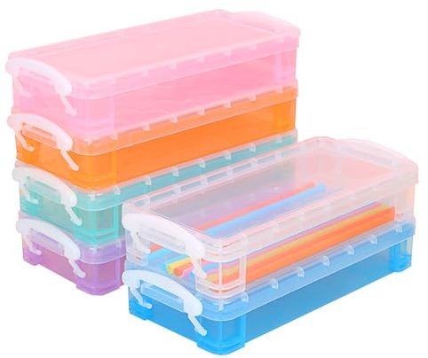 ZESHGON 6pcs Pencil Box, 22x10x4 cm Painting Brush Storage Box, Stackable Clear Pencil Storage with Snap Tight Lid, Office Supplies Organizer Watercolor Pen Drawing Tools Container(Colourful)