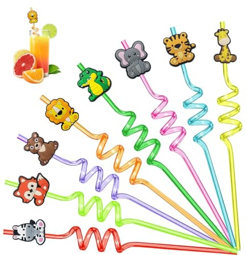 8 Pièce Pailles Enfants Reutilisables, Animaux Straws Spirale, Straws Enfant Colorées, Pailles en Animaux pour les Enfants, pour Jus, Lait, Décorations de Fête D'anniversaire pour Enfan-ts