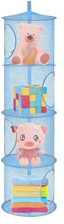 UIHRLM Hanging Toy Storage, 4 Tier Foldable Hangings Mesh Storage Net, Extra Large Compartment Toy Clothing Bag Space Saving for Kids Room Bathroom Balcony Playrooms Bedroom Study (Blue)