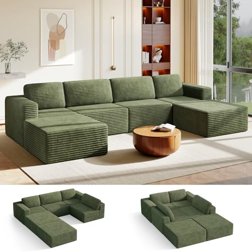 Vesgantti Modulares Cord-Ecksofa in Grün, 404 cm U-Form mit beweglicher Ottomane, Federkern und extra tiefer Sitzfläche, Flexibles 4-Sitzer Design für große Wohnzimmer, kein Aufbau nötig