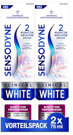 ZAHNPASTA - Sensodyne Clinical WHITE, 75ml, Zahncreme für 2 Nuancen weissere Zähne* und effektiven Schutz vor Schmerzempfindlichen Zähnen, hellere Zähne bei empfindlichen Zähnen (Packung mit 2)