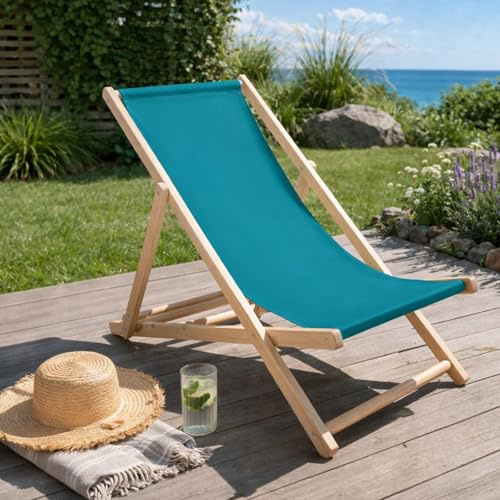 HAGO24 Strandliege Petrol Sonnenliege Gartenliege Liegestuhl Klappstuhl Holz Kiefernholz Polyester 3fach verstellbar faltbar Balkon Terrasse 120kg