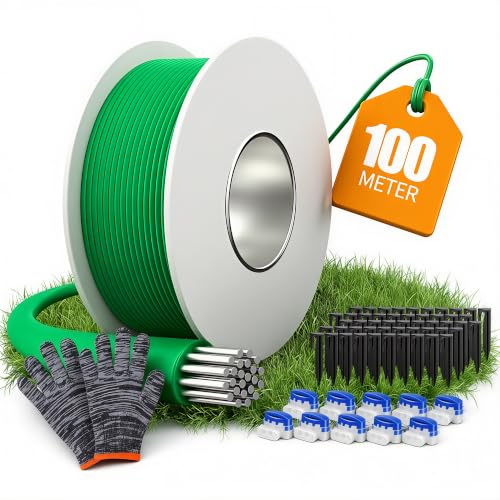 GREELIX 100m Kit de Cable Périphérique Robot Tondeuse, Fil Tondeuse Robot | Comprend 50 Piquets, 10 Connecteurs de Câble et Gants, Compatible avec Gardena, Bosch, Husqvarna, Worx, Honda, etc