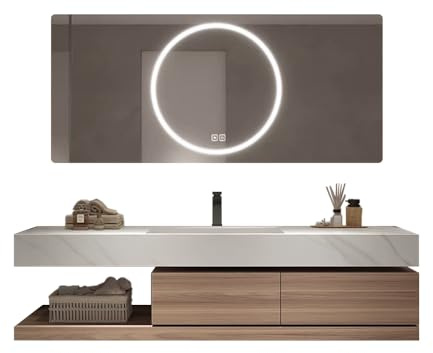 Generisch Sinterstein - Lavabo con cassetto e ripiano, combinazione moderna con specchio LED per il bagno, YT2032, 110 x 55 cm