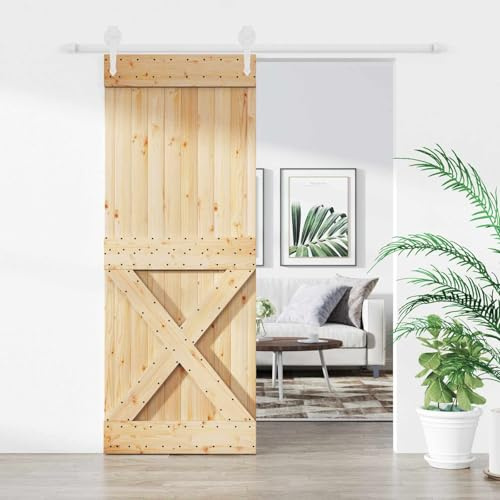 Kaloriko Porta scorrevole in pino massiccio naturale e bianco, 80 x 210 cm, porta scorrevole per interni, con guida verniciata a polvere, salvaspazio e scorrevole, per ristrutturazione e divisorio