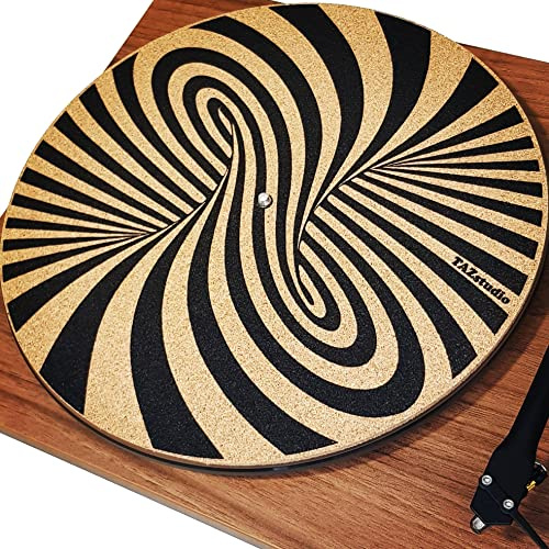 TazStudio Premium slipmat - Cork Turntable Mat for Better Sound Support on Vinyl LP Record Player - Cork mat Original Geometric Design Psychedelic Geometric Spiral Art [4mm Thickness]-m7