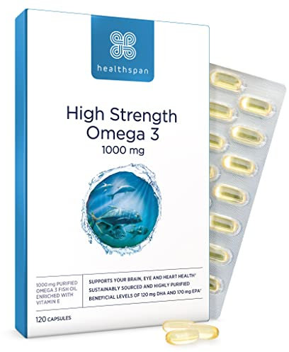 Healthspan High Strength Omega 3 1,000mg (120 Capsules) | Supports Brain, Eye & Heart Health | 120mg DHA & 170mg EPA Per Capsule | Highly Purified to Remove Toxins | Sustainably Sourced Fish Oil