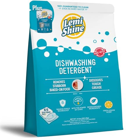 Lemi Shine Lot de 65 capsules de détergent naturel pour lave-vaisselle en poudre et gel, tablettes tout-en-un, nettoyant pour lave-vaisselle inclus