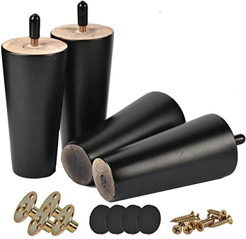 Btowin 20cm Holz Möbelfüße, 4 Stück Schwarz Massivholz Tischbeine Möbelbeine mit vorgebohrten M8 5/16 Bolzen & Montageplatten & Schrauben für Schrank Sofa Bett Ottomane