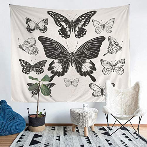 Tbrand Schmetterlinge drucken Wandbehang Fliegende Insekten Wandteppich 130x150cm 3D Tier Tapisserie für Jungen Mädchen Raumdekoration Schwarz Weiß Wandtuch