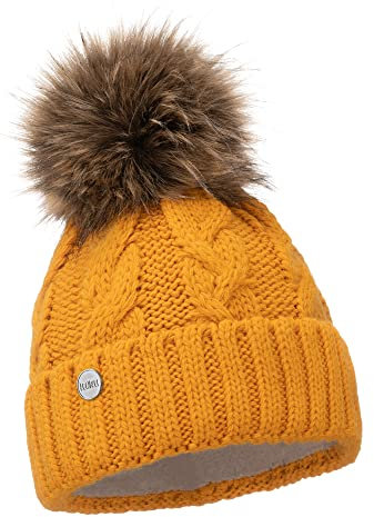 ELIMELI® Winter Mütze Damenmütze mit Fell-Bommel Fleece Innenfutter gefüttert - warme Damen Bommelmütze Strickmütze - Wintermütze mit Kunstfell Bommel - Slouch Strick Beanie Made in EU (senfgelb)