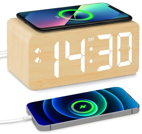 URAYCO Réveil numérique en bois avec chargeur sans fil rapide 10 W, ports de charge USB, DST, intensité variable, répétition, grand affichage LED pour chambre, bureau, table de salon, table de chevet,
