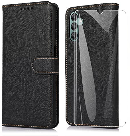 SMYTU Cover per Samsung Galaxy A04s / A13 5G - Custodia Flip in Pelle Magnetica Portafoglio Con Vetro Temperato - Nero