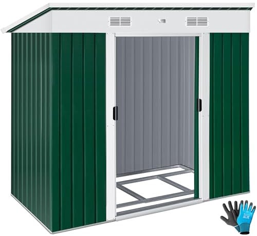 KESSER® - Gerätehaus L Metall 4 m³ mit Fundament | 210x132x186 cm | 2X Schiebetür & Fundament | Geräteschuppen | Gartenhaus Schrank | Pultdach Garten Schuppen, Ink. Arbeitshandschuhe Grün