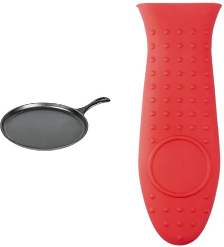 Lodge L9OG3 26.67 cm / 10.5 inch Pre-Seasoned Cast Iron Round Griddle/Pancake Pan, Black & Amazon Basics - Rectangular Hot Handle Holder, Red