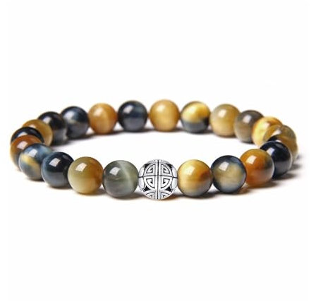 MetJakt Natürliche 8 mm Edelsteine Heilung Crystal Stretch Perlen Armband Armreif mit 925 Sterling Silber Double Happiness Anhänger (Fantastisches Tigerauge)
