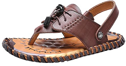 rismart Herren Clip Zehe Leder Sandalen Einstellbar Handarbeit Sommer Strand Schuhe Kaffee,43
