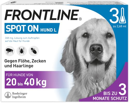 FRONTLINE Spot ON Hund L gegen Zecken, Flöhe & Haarlinge (20 bis 40 kg) | 3x Pipetten für bis zu 3 Monate Schutz - einfache Anwendung, gute Verträglichkeit - wasserfest - für große Hunde