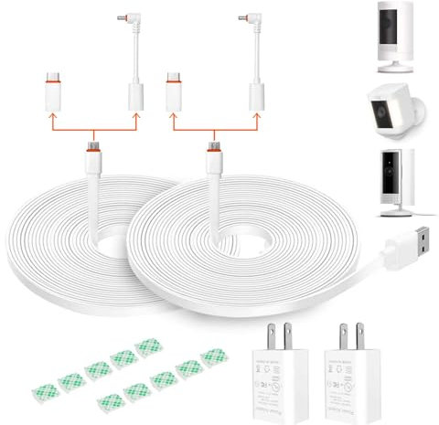 10FT Power Extension Charging Cable Charger for Ring Camera, Ring Spotlight Cam Plus/Pro/Battery, Ring Stick Up Cam Battery, Simplisafe, Eufy, Blink Outdoor 4 (4th Gen) -Power Cord with Adapter-2 Pack