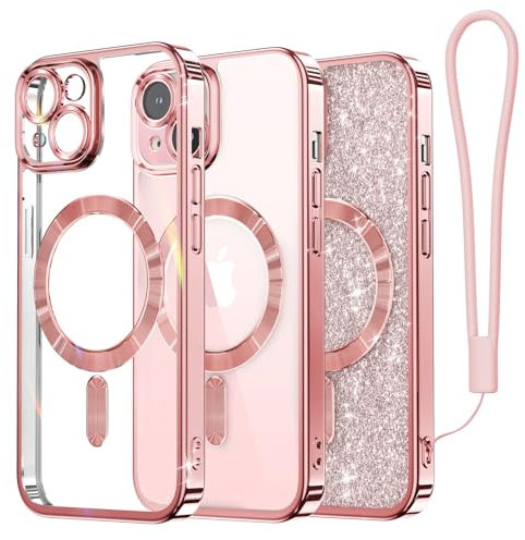 Meifigno Clear Hülle Kompatibel mit iPhone 15 Plus, [Kompatibel mit Magsafe][Glitzer Karte & Handschlaufe] Kameraschutz Transparent Case für iPhone 15 Plus 6,7’’ Frauen Mädchen, Roségold