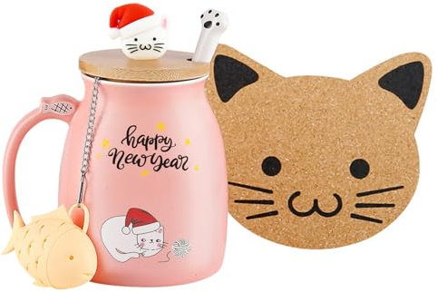Taza de Navidad con diseño de gato, taza de café de cerámica con tapa de gatito, cuchara de acero inoxidable, Navidad para mujeres, taza de té y leche de 380 ml (rosa navideño)