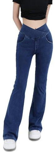 High Waisted Crossover Stretch Knit Wide Leg Denim Flare Jegging,Fashion Slim Blue Denim Pencil Pants with Pockets (L, Dark Blue)