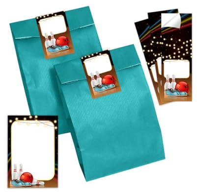 Mitgebsel Kindergeburtstag 10 Mini-Notizblöcke + 10 Geschenktüten (Petrol) + 10 Aufkleber Bowlling Kegeln Bowling-Party Gastgeschenke für Jungsgeburtstag Mädchengeburtstag
