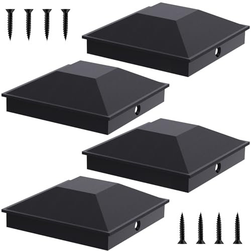 Goovilla 4 x 4 Pfostenkappen schwarz (tatsächliche 8,9 x 8,9 cm), 4 Stück Zaunpfostenkappen mit 8 Schrauben und einfacher Installation, robuste, wasserdichte Kunststoff-Pfostenkappen mit mattiertem