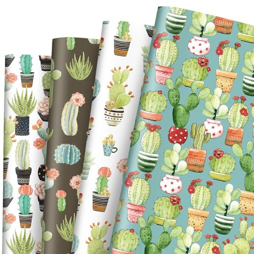 JarThenaAMCS 12 Blatt Kaktus-Geschenkpapier, keine Rolle, tropische Topfpflanze, Geschenkpapier, Großpackung, gefaltet, flach, Kunstpapier für Sommer, Geburtstag, Basteln, 50 x 70 cm