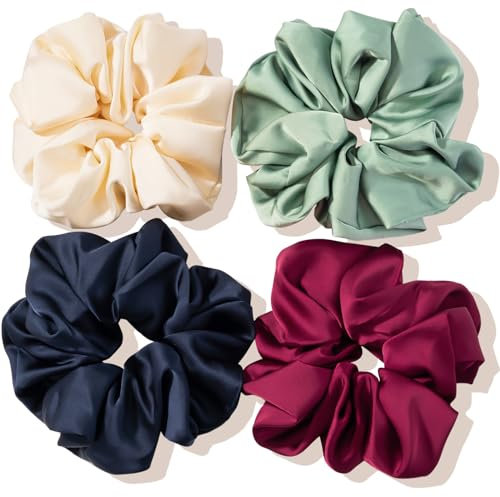 (4 Stück) Lolalet Große Haargummis Seide Scrunchies Satin für Damen, Haargummi Weich Elastisch Silk Skrunschis Groß für Damen Frauen Mädchen 4 Farben - C
