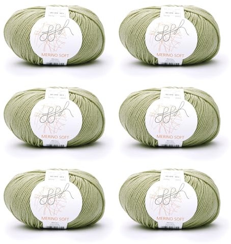 ggh Merino Soft Box | 6x50g (insgesamt 300g) Merinowolle zum Stricken | Lauflänge 170m/50g | Farbe 135 - Helles Khaki
