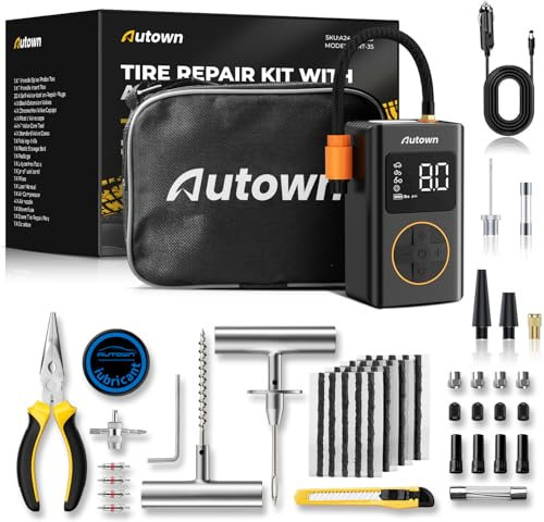 AUTOWN Reifenreparatur-Set mit Elektrische Luftpumpe, 150PSI Mini Tragbare Akku Fahrradpumpe 54-teilig,Akku Kompressor für Auto, Fahrrad, E-Bike, Motorrad, ATV, Jeep, Traktor, Ballpumpe