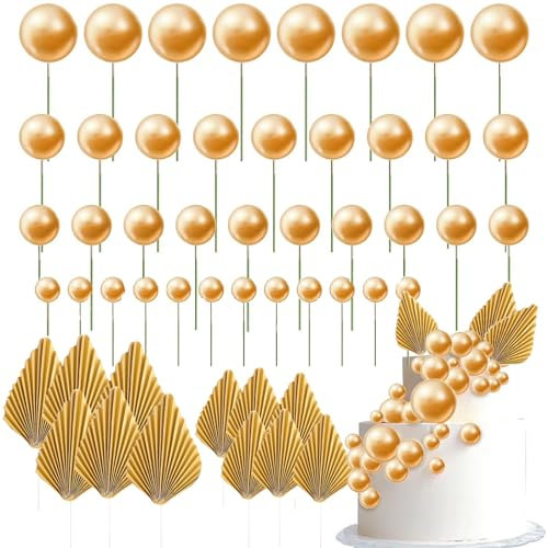 62 Pcs Palm & Gold Cake Decorations - Artificial Pearl Spherical Cake Balls for DIY Decorating, Graduation & Birthday Parties